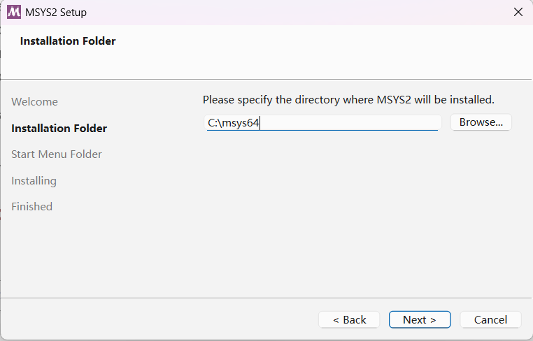 MSYS2 安装器选安装路径，默认 C:sys64