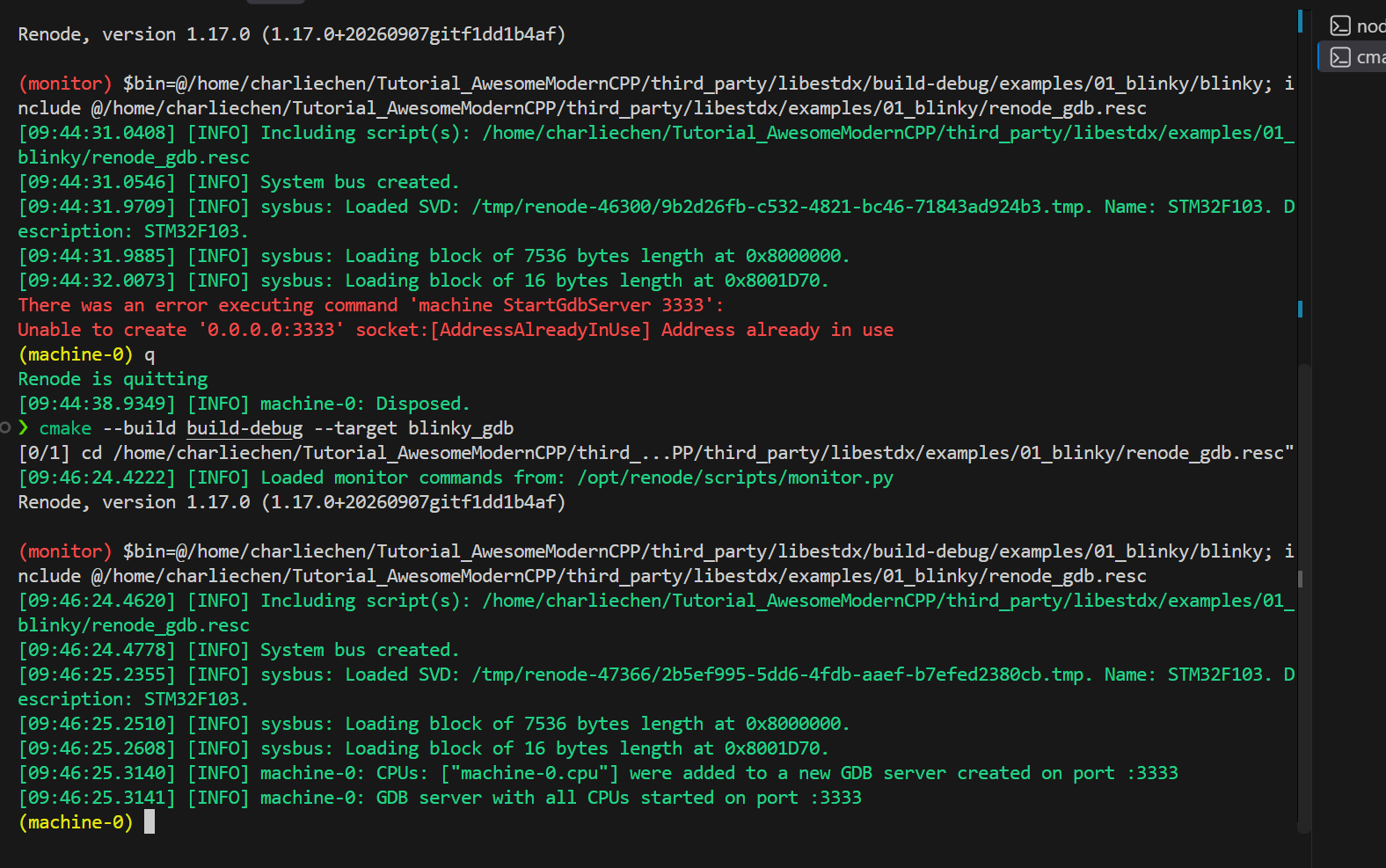 blinky_gdb 一条龙的真终端：Renode 加载固件、SVD 就位、GDB 服务在 3333 待命