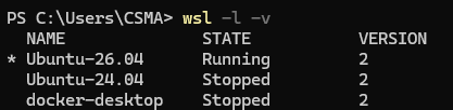 wsl -l -v 的输出，此时的默认进入的发行版为 Ubuntu-26.04