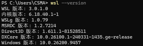 wsl --version 的输出，WSL 各组件与内核版本号